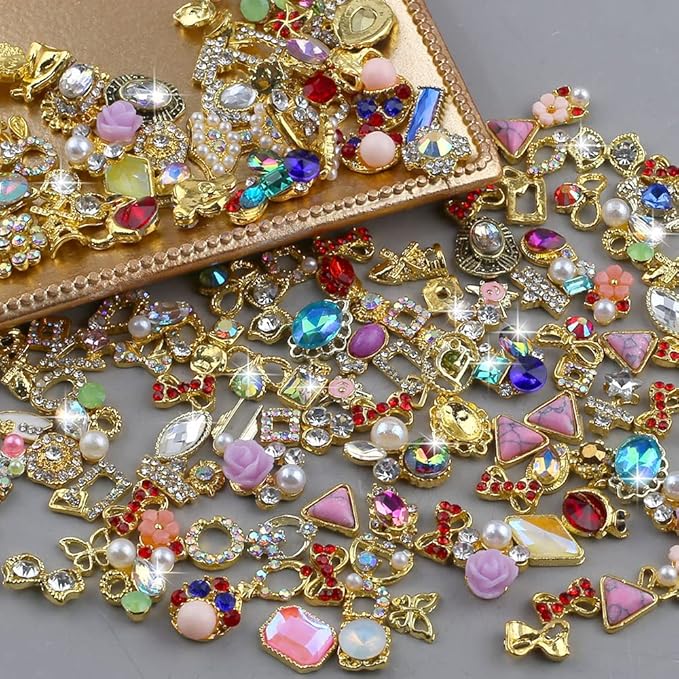 50pcs 3D Gold Nail Charms for Acrylic Nails Mix Styles Rhinestones for Nails Metal Nail Jewels for Nail Art Shiny Zircon Nail Rhinestones Alloy Nail Charm Pearl Nail Gems Cute Charms for Nails Design
