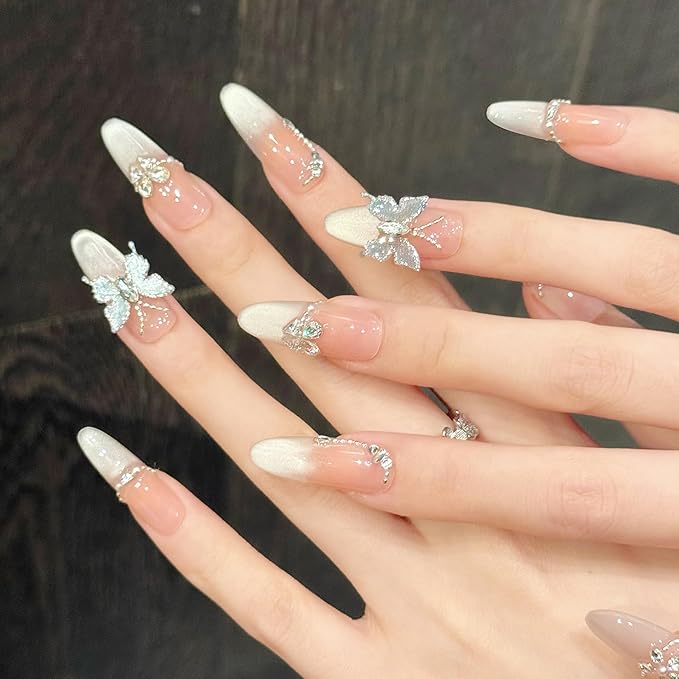Handmade Press on Nails Stiletto Elegant Almond Shaped Nails in Pink and White Embellished with Rhinestone Butterflies Handmade Stiletto Press on Nails 3D Luxury Press on Nails（L）