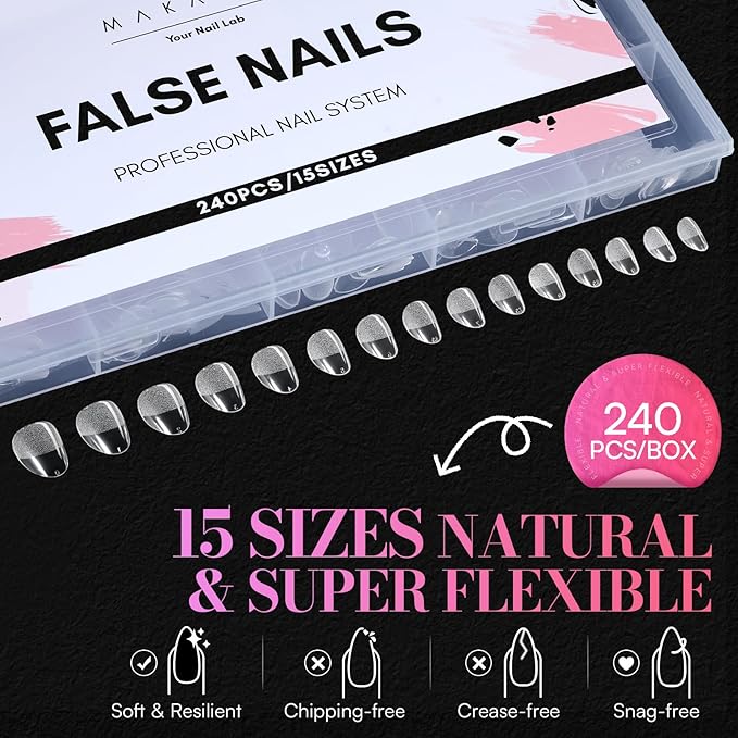 Makartt Extra Short Almond Nail Tips: 240PCS, 15 Sizes, Half Matte, Clear Fake Nails - Full Cover Soft Acrylic Press On Nail Extensions Supplies Salon and Home DIY for Flat & Natural Nail Beds