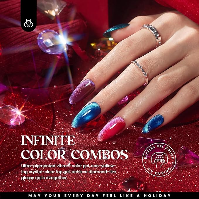 Beetles Cat Eye Gel Nail Polish Set - 20 Colors Gemstone Party Gel Polish Set Pink Blue Red Purple Glitter with Magnet Pen Base Top Coat DIY Salon Manicure Soak Off UV LED Valentines Gifts for Women