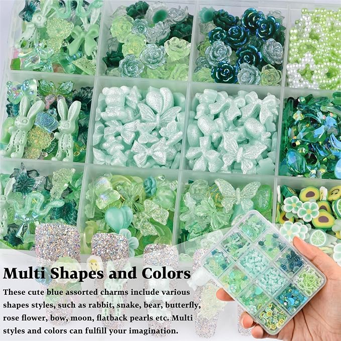 850 Pieces 3D Butterfly Rose Flower Bow Rabbit Bear Nail Charms Kit with Nail Art Rhinestones Pearls Crystal Gems Nail Slices for Manicure DIY Crafts Jewelry Accessories (Green)