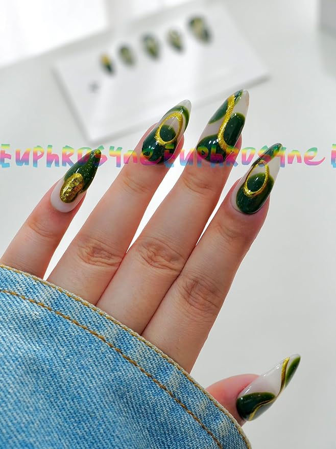 10PCS Black Chrome Press On Nails – Long Stiletto Fake Nails with Gold Metallic Swirl & 3D Waterdrop Design, Glossy Reusable Trendy Nails for Women and Girls – Euphrosyne
