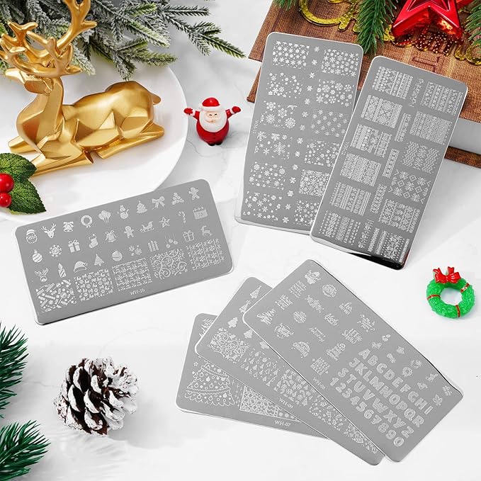 Whaline 6 Pieces Christmas Nail Art Stamping Plates Kit Christmas Tree Snowflakes Gingerbread Sweater Image Stamp Templates Holiday Nail Art Plates for Xmas DIY Print Manicure Salon Design Gift