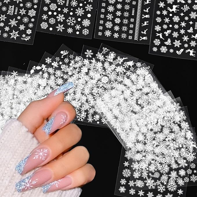 30 Sheets White Snowflake Nail Stickers Christmas Nail Art Stickers 3D Snowmen Xmas Bell Elk Design Stickers Winter Nail Decals Santa Claus Christmas Nail Supplies for Women DIY Manicure Decor Tips