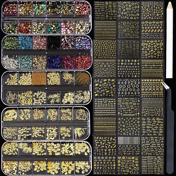 Nail Charms Nail Art Kit with 30 Sheets Gold Nail Stickers 5 Boxes of Nail Gems Nail Art Tools Nail Rhinestones for Nails Nail Supplies 3D Nail Charms and Gems Nail Decals Nail Pearls