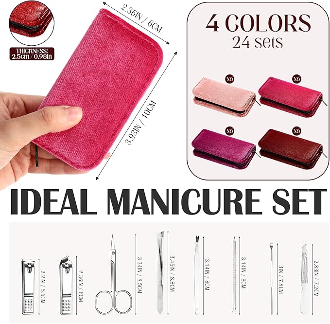 Coume 24 Sets Mini Manicure Set Bulk for Women Men Gifts for Coworkers Nail Grooming Kit 8 in 1 Nail Clippers Kit Luxurious Travel Case Stainless Steel Nails Clipper Set(Red Series)