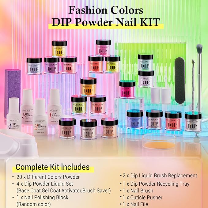 AZUREBEAUTY 31 Pcs Dip Powder Nail Kit Starter, 20 Colors Neon Glitter Purple Blue Yellow Dipping Powder Liquid Set with Top/Base Coat Activator for French Nail Art Manicure DIY Salon Gifts for Women