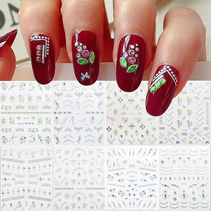 Zoance 20 Sheet 3D Nail Art Stickers, 3D Laser Silver/Rhinestones Design Luxury Self-Adhesive Nail Decals Customized Geometric&Stripe Line Nail Stickers for Women Gils Nail DIY Decoration Accessories