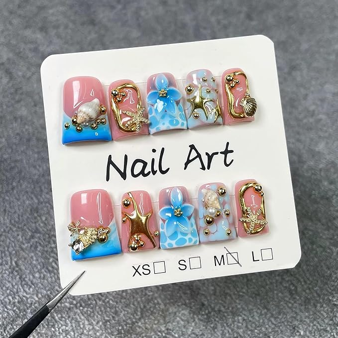 Handmade Press on Nails Medium Duck Fake Nails Blue Gradient French False Nails with 3D Flower Art Designs Muti-Layer Gel Thick Luxury Acrylic Handmade Nail for Women 10Pcs(Size M)