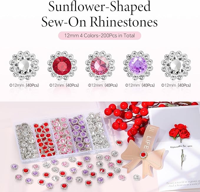 200 Pcs 12MM Sew on Rhinestones Mixed Colors Crystal Glass Metal Base Flower Shape, Flatback Rhinestones for Crafting, Sewing Accessories for Clothes and Shoes (Red)