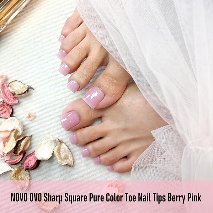 NOVO OVO Berry Pink Square Toe Nail Tips - 240Pcs Soft Gel Press on Toenails, Pure Color Full Cover Fake Nails for Pedicure, PMMA Acrylic False Toe Nails Extension Kit (15 Sizes, Wide Fit)