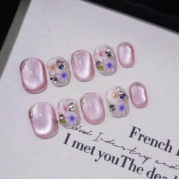 Short Square Press on Nails - Handmade Manicure Art Reusable False Nails 10pcs with Solid Nail Glue, Nail Adhesive Tabs, Strong Nail Glue (307-Short)