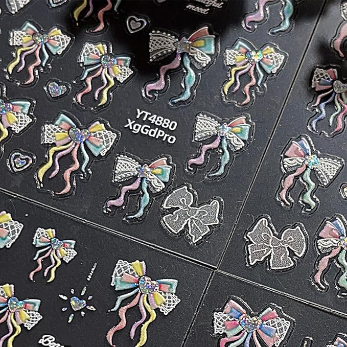 5D Bow Nail Stickers for Nail Art Colorful Lace Ribbon Bow Nail Decals Embossed Valentines Nail Art Stickers Self Adhesive Cute Star Heart Nail Decorations Supplies for Women Wedding Manicure 1Sheets