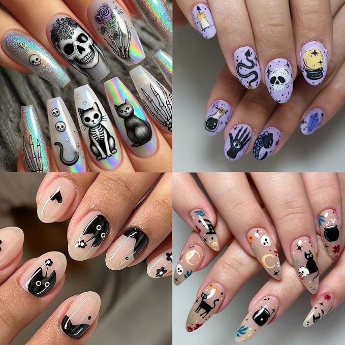 Halloween Skeleton Cat Nail Stickers, Black Cat Self-Adhesive 3D Nail Art Decals for DIY Magic Ball Manicure (5 Sheets)