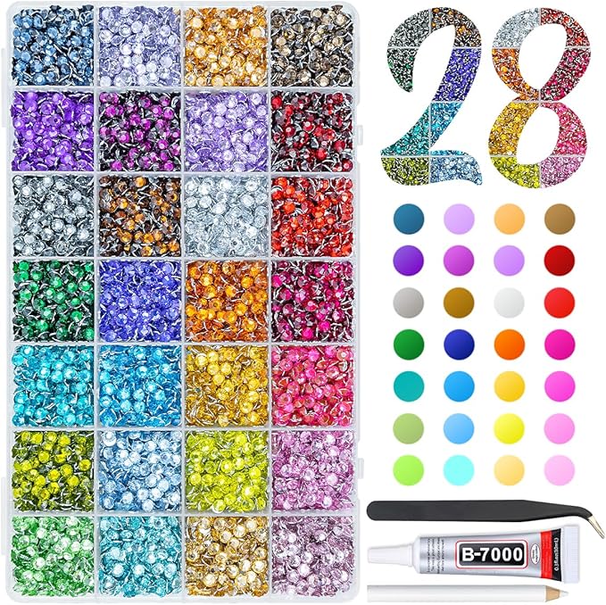 28 Color 5mm Crystal Resin Rhinestones w B7000 Glue for Bedazzling Crafting Flatback Colorful SS20 Stones Crystals Gems Diamonds Bedaazler Kit for Nails Eyes Face Makeup Tumblers Bottles Crafts