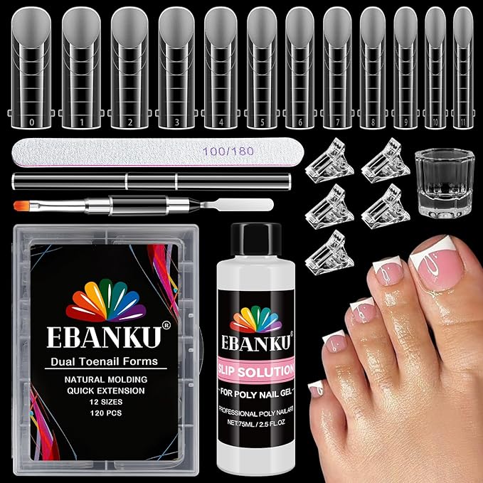 EBANKU Poly Gel Toenail Kit, Reusable Toe Dual Nail Forms with 2.5oz Slip Solution Poly Gel Nail Kit for Toe Nail Tips for Women with Double-end Brush, File, Clips, Liquid Container, 120PCS, 12 Sizes
