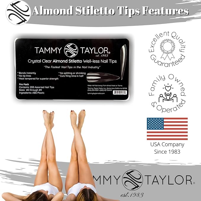 Tammy Taylor Stiletto Acrylic Nail Tip Extensions | Tapered Full Coverage, Natural Lightweight, Long Lasting, Professional C Curve Clear Nail Tips | Press on Nails Almond Stiletto Style | 20ct