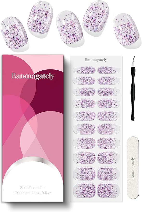 Semi Cured Gel Nail Strips, 20Pcs Long Lasting Salon Quality Wraps, Easy Apply & Remove Gel Nail Stickers with UV Light (Violet Nova Shard Purple)