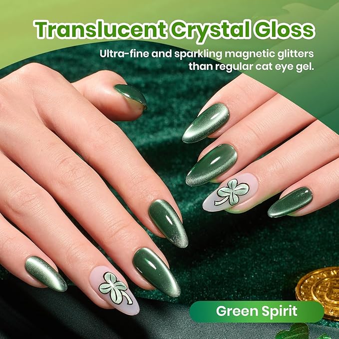 Beetles Green Spirit Cat Eye Gel Nail Polish Set - 6 Colors St Patricks Day Green Cat Eye Glitter Spring Gel Polish Kit Lime Emerald Olive Magnetic Shine Soak Off UV Manicure Gift for Women