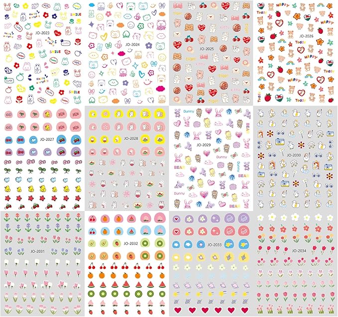 12 Sheet Cartoon Nail Sticker for Nails Art 3D Embossed Self-Adhesive Cute Bear Flower Bunny Duck Fruit Nail Decal Design Supplies for Women DIY Manicure Art Decoration YX1244