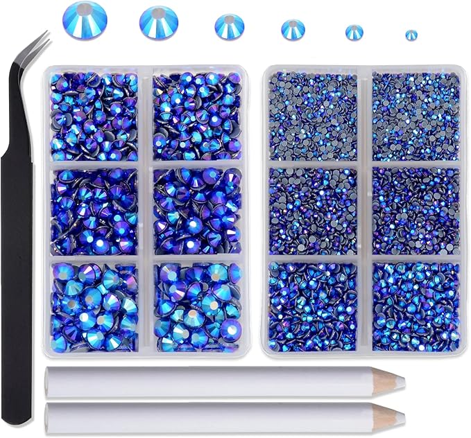 8000pcs Hotfix Rhinestones Flatback,Rhinestones for Crafts Clothes Mixed 6 Sizes, Hotfix Crystals with Wax Pencil Kit, SS4-SS30,Sapphire AB