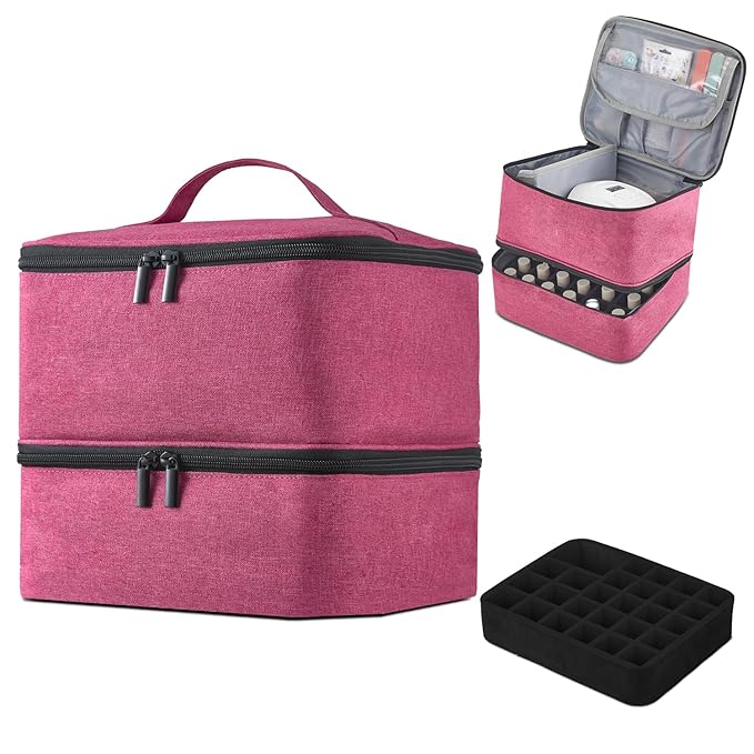 Buruis Double-Layer Nail Polish Organizer Bag, Holds 27 Bottles (15ML/0.5 FL.OZ or Larger), Nail Tools & Dryer Storage Case with Adjustable Dividers (Pink)