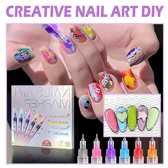 Nail Art Markers for Gel Nails,12 Colors Nail Art Pens Set DIY Nail Art Marker Drawing Painting 3D Nail Polish Pens, Quick Dry Graffiti Dotting Point Liner Pens for DIY Nail Art (24 Pcs)