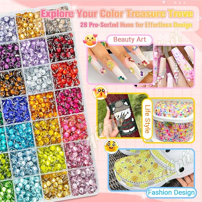28 Color 6mm Crystal Resin Rhinestones w B7000 Glue for Bedazzling Crafting SS30 Flatback Colorful Stones Crystals Gems Diamonds Bedaazler Kit for Nails Eyes Face Makeup Tumblers Bottles Crafts