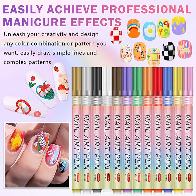 12 Colors Nail Art Pens Set, Nail Art Markers Polish Pens for Painting Nails, Acrylic Paint Drawing Painting Dotting Markers Pen Quick Drying Nail Art Design Manicure Tools 0.7mm