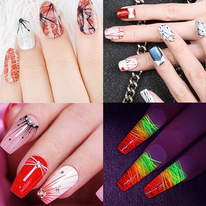 Vtrem 8ML 6 Colors Spider Gel Set with 5 PCs Double Ended Point Drill Drawing Brush Pen + Nail Rhinestones, Matrix Gel with Gel Paint Design Nail Art Kit Wire Drawing Nail Gel for Line