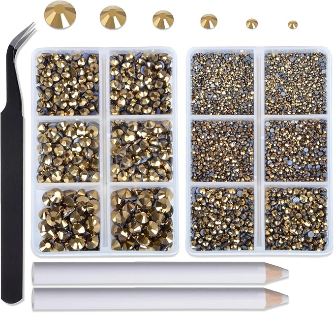 8000pcs Hotfix Rhinestones Flatback,Rhinestones for Crafts Clothes Mixed 6 Sizes, Hotfix Crystals with Wax Pencil Kit, SS4-SS30,Aurum