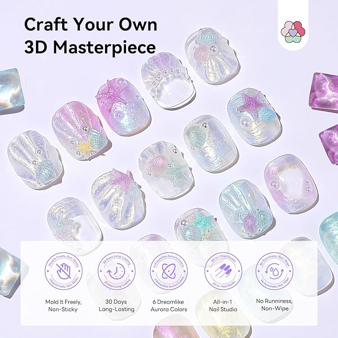 SAVILAND 6PCS Solid Builder Nail Gel Kit: Non-Sticky Dreamlike Aurora Colors 30 Days Long-Wear 10g 3D Sculpting Gel for Nail Art with Sculpting Pen Dual Form Salon DIY Use