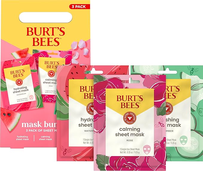Burt's Bees Face Mask Bundle Set for Valentine's Day, Hydrating Watermelon, Calming Rose, & Refreshing Cucumber, Face Sheet Masks for Single Use Skin Care, 99% Natural Origin, 3 Count, 0.33oz Each