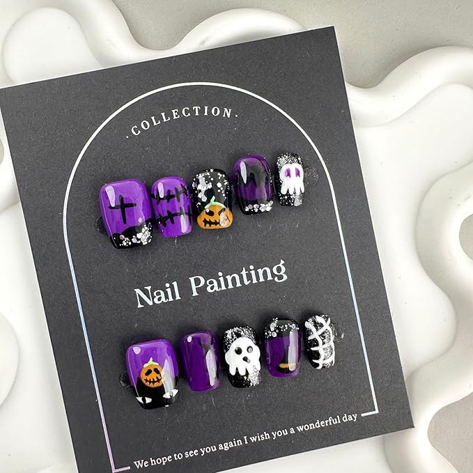 100% Handmade Press on Nails Halloween Short Square Fake Nails with Design Ghost Pumpkin Bat Glue on Nails Black Purple French tip False Nails Reusable Handmade Halloween Nails Size M