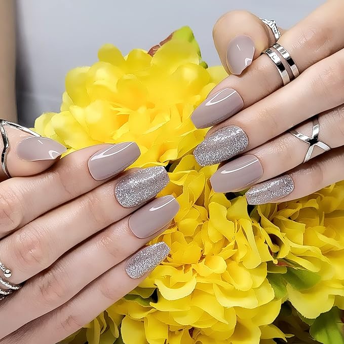 Hypnaughty 24 Pcs Beige Ballerina Press On Nails with Glue Medium Short Length Fake Nails with Glitter Design Glossy Acrylic Press On Nails Full Cover (Beige)