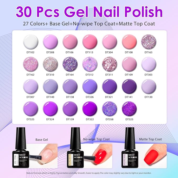 MEET ACROSS Gel Nail Polish Set,Gel Nail Kit Art Design Soak Off UV LED,Nail Art Design Gifts for Women (Set-8, 30PCS)