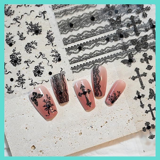 Black Lace Cross Nail Art Stickers Butterfly Totem Rhinestones Embossed Nail Decals Self-Adhesive Nail Accessories for Women Nail Art Supplies 3 Sheets