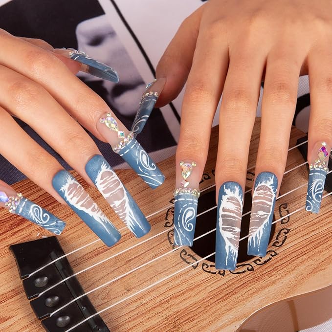 LOVFUL Press on Nails Denim Seraph Blue French Tip | Handmade with Full Covered Crystals | Reusable Fake Nails | Square Mid length 1.7in | H194-S