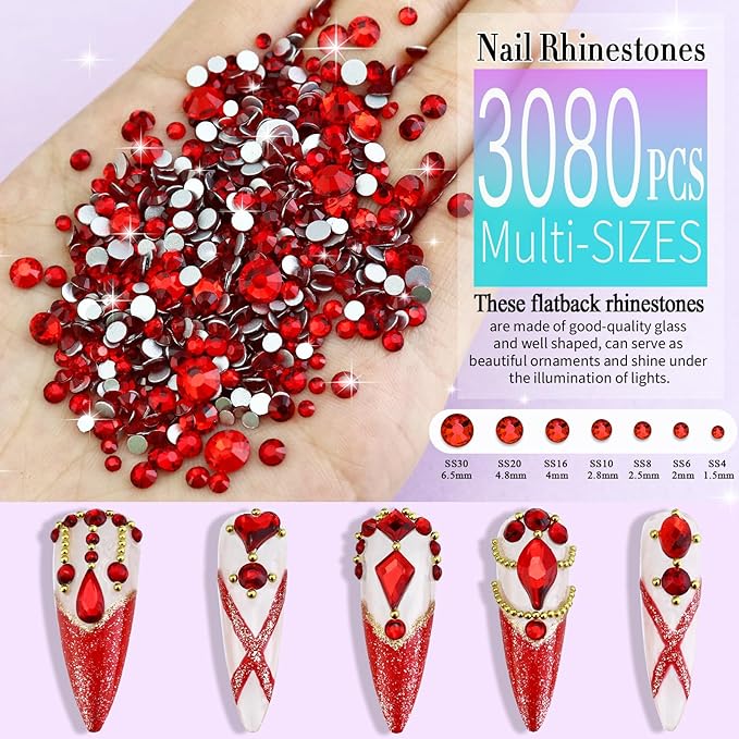 Dowarm 3200PCS Nail Art Rhinestones, Red/Siam Flatback Rhinestones for Nails, Crafts, 12 Styles 3D Glass Crystal Nail Gems