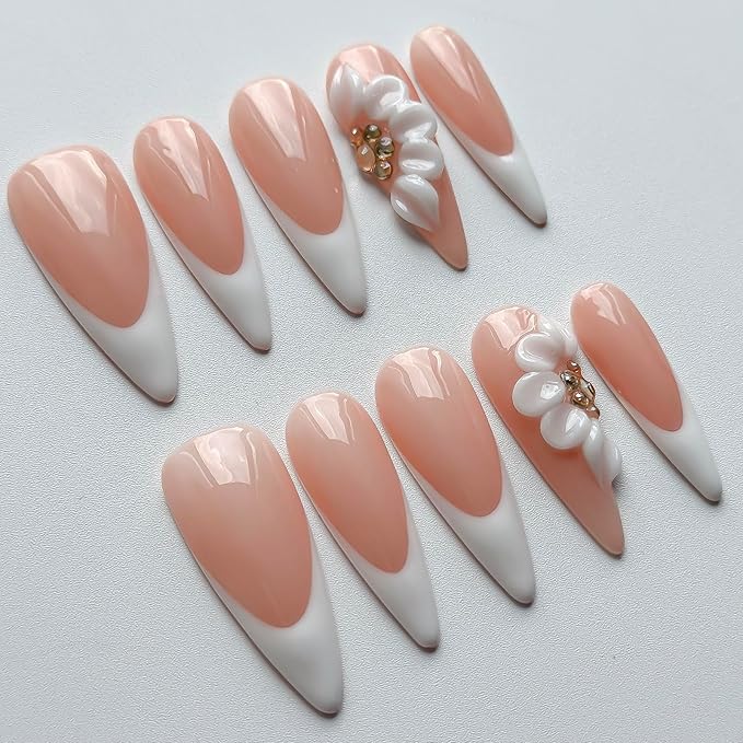 Luxury Press on Nails Long Almond Handmade 3D Unique Reusable ABS Material Fake Nails White French Tip False Nails with Designs Floral Rhinestones Elegant Glossy Glue on Nail Thick Acrylic Nail(M)
