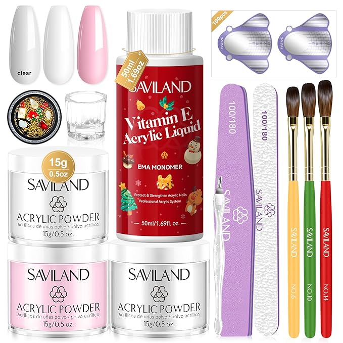 SAVILAND Acrylic Nail Kit : Christmas Nails Kit Acrylic Set EMA Monomer Brush for Long Lasting Nails DIY at Home Beginner Friendly Christmas Gift Set