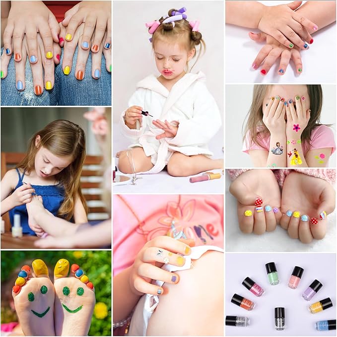 Quick Dry Kids Nail Polish Set for Girls, Non-Toxic Toddler Water-Based Nail Polish Kit with Gems Stickers 9 Colors Peelable Fingernail Set for Ages 3+