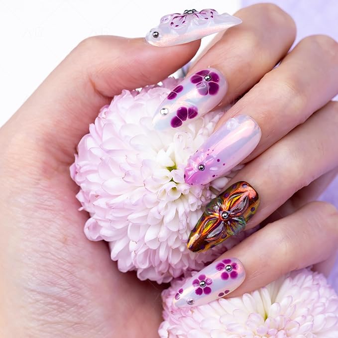 10 Pieces Handmade Press On Nails Medium Almond, Purple Thickened False Nails With Floral Decoration, Reusable Fake Nails Almond, Reusable Acrylic Nails (L)