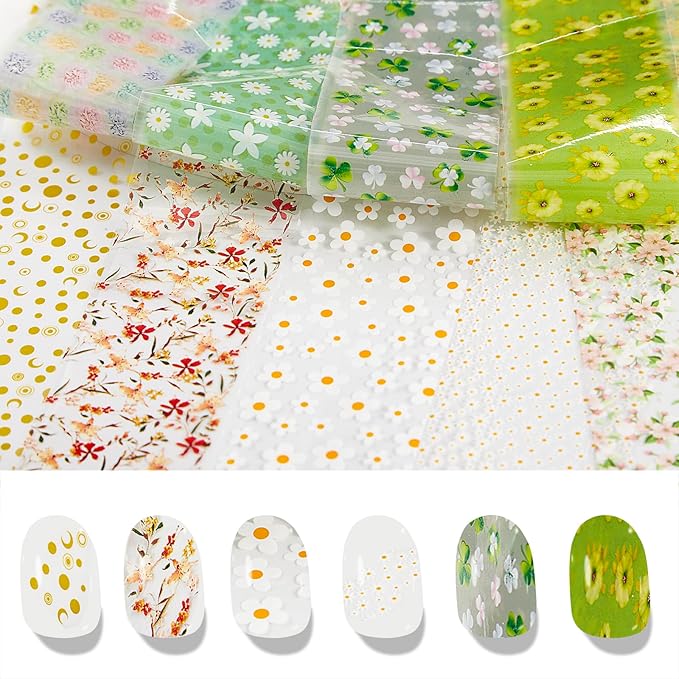 SILPECWEE 300Pcs Nail Foil, Holographic Nail Art Foil Flower Metallic Aurora Transfer Foils for Nails Paper 3D Nail Stickers Fingernail Wraps Decals Manicure Design Kit Nails Decoration