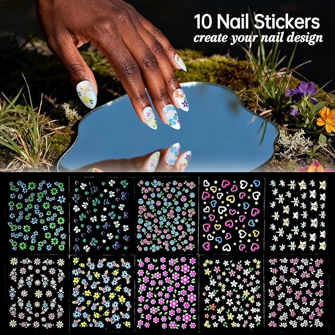 576Pcs Press On Nails, Mixed 12 Short Round & 12 Almond Glossy Full Cover False Nail Tips with Flower Stickers & Adhesive Tabs for Woman DIY Nail Art Practice & Daily Wear (Bright Color)