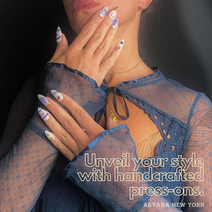 ARYANA NEW YORK Press On Nails - Handmade, Reusable, Luxury Almond Shape, Blue Dragon Chinese Pottery Collection - (Small)