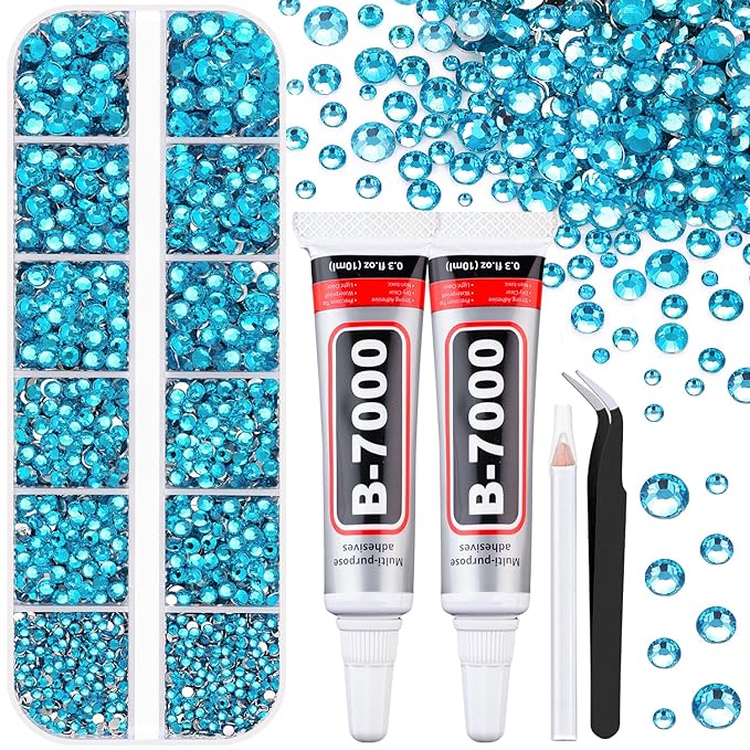 6100Pcs Resin Rhinestones for Crafting with 2Pcs 10ml B7000 Jewelry Glue, 1 Box Flatback Crystals Diamond (Indicolite) for Bedazzling Crafts DIY Nail Art Non Hotfix Gems for Clothing Shoes