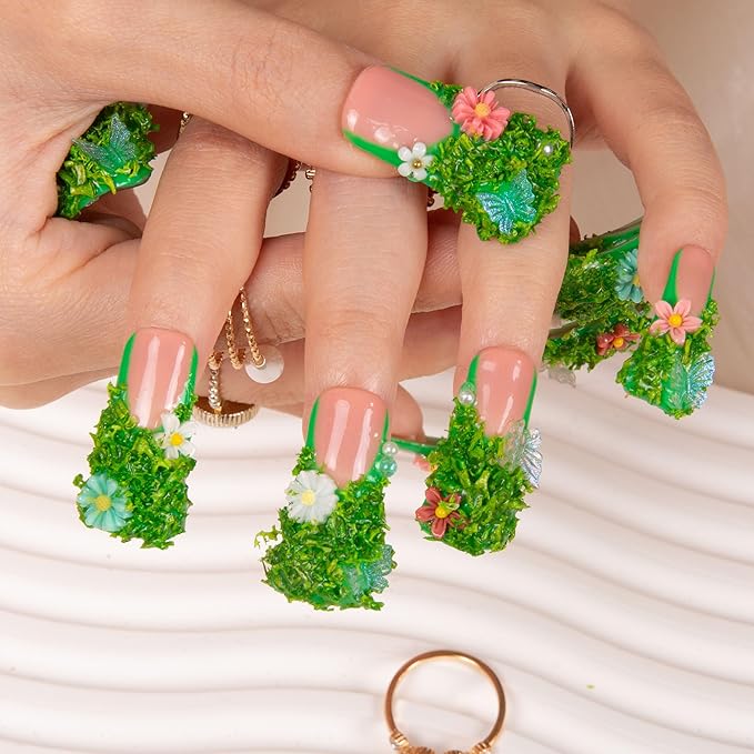 LOVFUL Press on Nails Fairy Tale Garden | Handmade with Full Covered Crystals | Reusable Full Cover Nails | Duck Classic Regular 1.3 in | H151-S