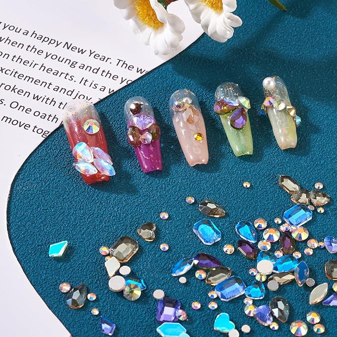 FASHEWELRY 1 Box Glass Rhinestone Nail Art Cabochons K9 Pointed Back Nail Rhinestones Flat Back Crystal Glass Gem for DIY Nail Art Decoration, 24 Style