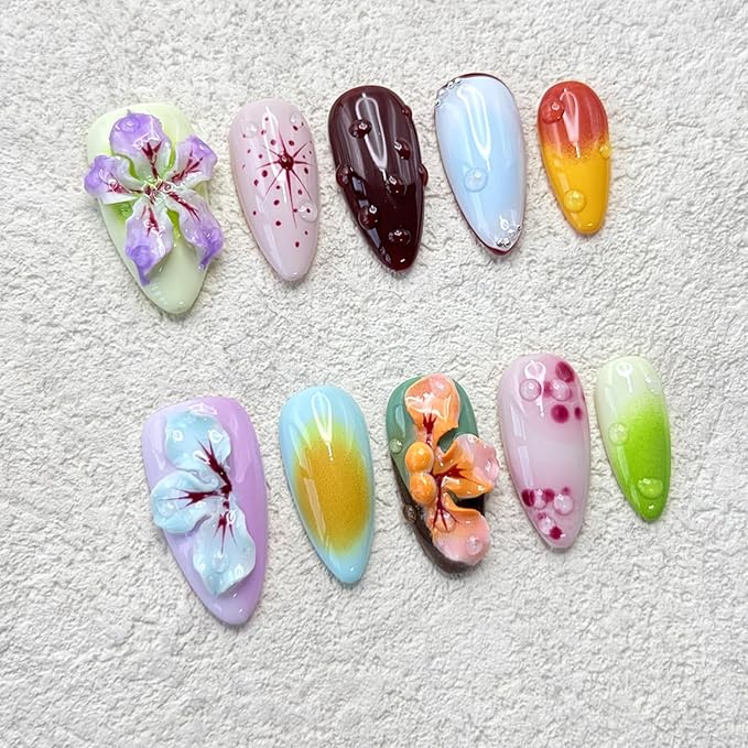 Handmade Press on Nails Medium Almond Thick Acrylic Nails with Glue,Tropical Flower Art Fake Nails with Water Droplet Pattern Designs Nature Stick on Nail False Nails for Wome (Size S)